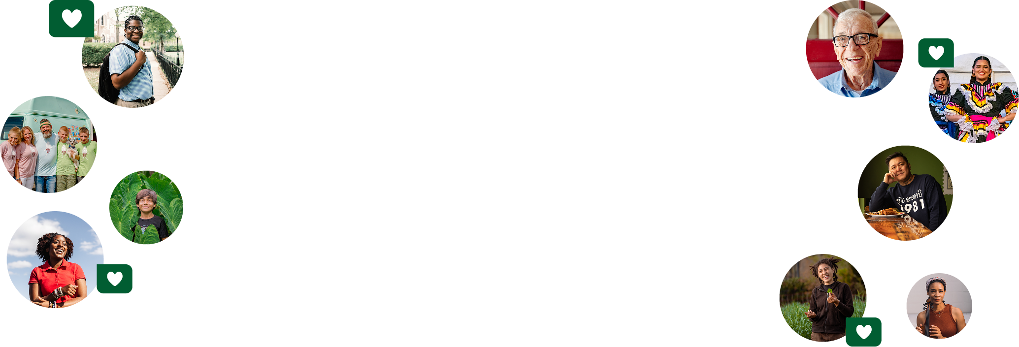 A diverse group of people in circular images surrounding an empty space, with some featuring a green heart icon.